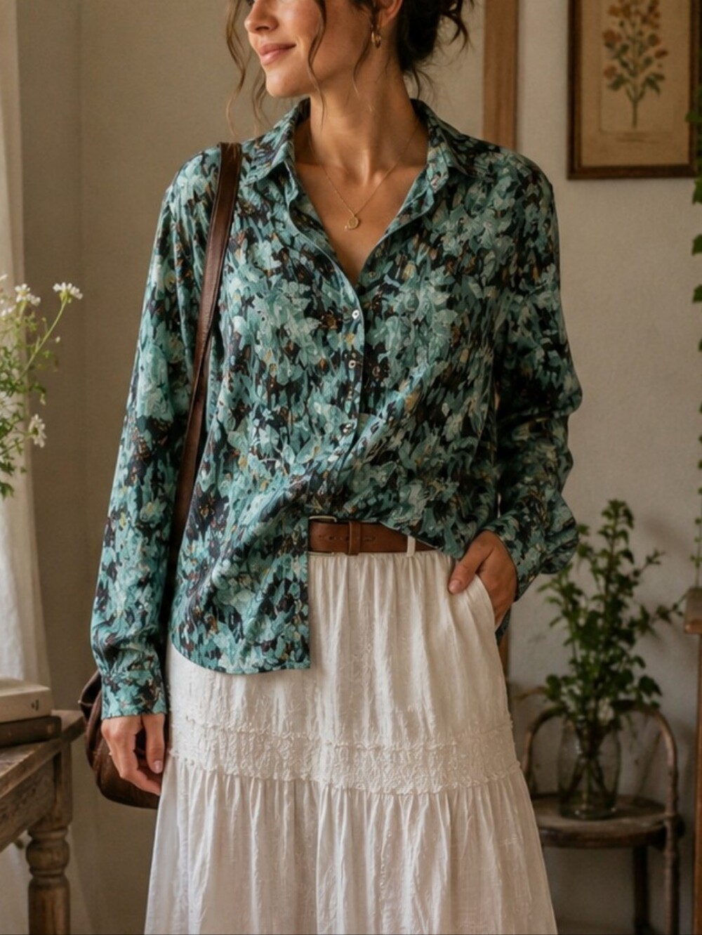 Northern Reflections Floral Button Up Blouse L Botanical Long Sleeve